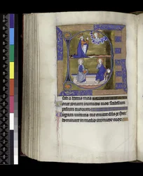 David betet zu Gott (oben); Gott mit Kugel und Christus mit Buch auf Bank sitzend (unten), aus dem Psalter und Stundenbuch der Isabella von Frankreich, Paris, ca. 1265-70