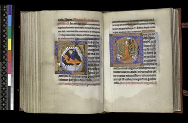 Fürbitte an St. Margareta und Fürbitte an St. Katharina, aus dem Psalter und Stundenbuch von Isabella von Frankreich, Paris, ca. 1265-70