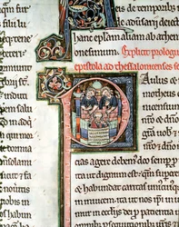 MS 3 Fol. 291v Die Flucht des Heiligen Paulus aus Damaskus, illuminierter Initialbuchstabe P, 13. Jahrhundert, aus der Avranches-Bibel