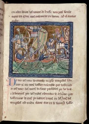 MS Marlay Add 1, fol. 86: Textseite mit einer Illumination einer Seeschlacht, aus De Re Militari, ca. 1270