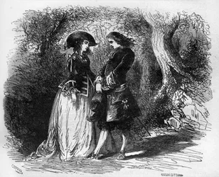 Mademoiselle de Pons traf ihren jungen Liebhaber Malicorne um 1653. Gravur in „Die Geschichte der Prostitution und Ausschweifung unter allen Völkern der Welt von der Antike bis zur Gegenwart“ von Dr. Th. -F. Debray. 1879.