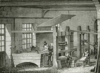 Papierherstellung von Hand durch Sieben von Zellstoff. Gravur um 1870.
