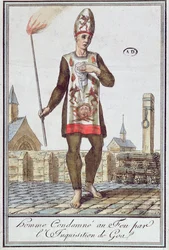 Mann, der von der Inquisition von Goa zum Verbrennen auf dem Scheiterhaufen verurteilt wurde, späte 18. Jahrhundert