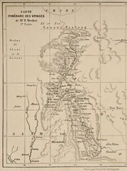 Karte von Laos und dem Mekong mit der Route der Reise von Henri Mouhot, Illustration aus „Travels in the Central Parts of Indo-China (Siam), Cambodia, and Laos During the Years 1858, 1859“