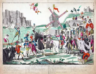 Marche du Dom Quichotte Moderne pour la Deffence du Moulin des Abus, veröffentlicht 1791 (handkolorierte Radierung)
