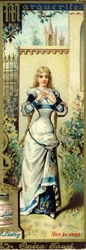 Marguerite in der Oper Faust von Charles Gounod, uraufgeführt 1859, nach dem Stück von Johann Wolfgang von Goethe. Alphabet der Frauennamen zum Thema: weibliche Kostüme und Opern. Liebig-Werbechromolithographie