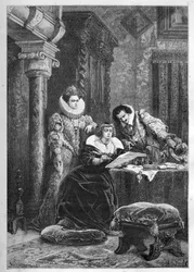 Marie de Medici mit ihren einflussreichen italienischen Freunden und Vertrauten Leonora Dori (Dosi) genannt Galigai (1571-1617) und ihrem Ehemann Concino Concini (Conchine) (ca. 1575-1617)