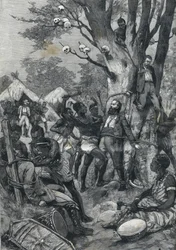 Massaker im Kongo: Europäer werden von Kannibalen gefoltert. In „Le petit Parisien“ von 1898.