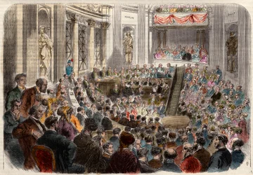 Sitzung der französischen Akademie am 23. April 1868. Empfang von Monsieur Jules Favre (1809-1880), französischer Politiker. Gravur in „L