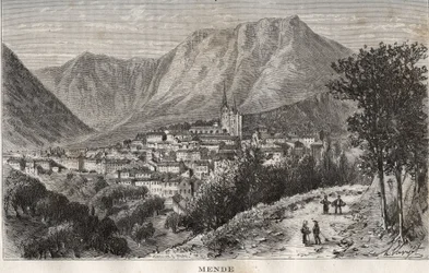 Mende - Lozere in der Region Languedoc-Roussillon - Gravur in „La France illustrée: geographie, histoire, administration statistique“ von V.-A. Malt-Brown. 1884