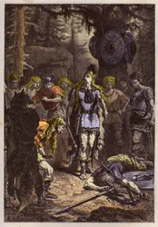 Merowinger: Chlodwig I. erschlägt den Soldaten, der die Vase von Soissons zerbrochen hat, im Jahr 486 - Chlodwig (465-511) und der fränkische Krieger, der die Vase von Soissons im Jahr 486 zerbrochen hat - Gravur aus „L