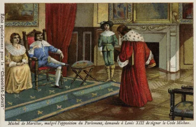 Michel de Marillac bittet trotz des Widerstands des Parlaments Ludwig XIII., den Code Michau zur Reform des französischen Rechtssystems zu unterzeichnen, 1629
