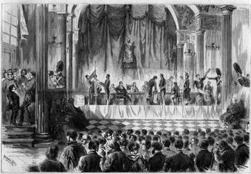 Militärrekrutierung: Auslosung für Wehrpflichtige von 1858 im Saint-Jean-Saal des Hôtel de Ville in Paris. Gravur in „Le Monde Illustré“ Nr. 44 vom 13. Februar 1858.