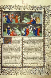 Miniatur, die das Urteil der Mütter, die Ankunft der Königin von Saba, Salomo lehrend und die Disputation der Doktoren illustriert, ca. 1410