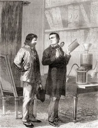 Moritz von Jacobi, rechts, entdeckt die Galvanoplastik oder das Elektrotypieren im Jahr 1838, aus Les Merveilles de la Science, veröffentlicht um 1870 (Gravur)