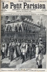 Feiern in Moskau: Kaiser Nikolaus II. von Russland (1868 -1918) und Kaiserin Alexandra Fjodorowna Romanowa (1872-1918) verlassen die Mariä-Entschlafens-Kathedrale im Moskauer Kreml nach ihrer Krönung am 14. Mai