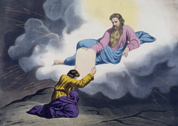 Moses empfängt die Gesetzestafeln, Illustration aus einem Katechismus L