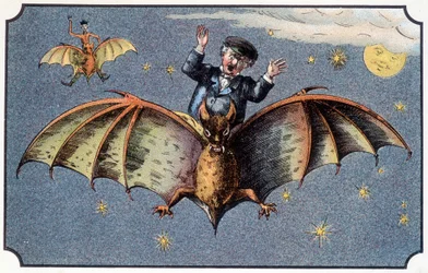Herr Baboulifiche reitet auf einer Fledermaus im Weltraum - in „Reise zum Mond“