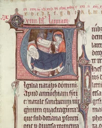 Ms.838 fol.55 Historisierte Initialen U und I, die die Geburt Christi und das Jesuskind darstellen, aus Obituaire de Notre Dame de Pres, nach 1270