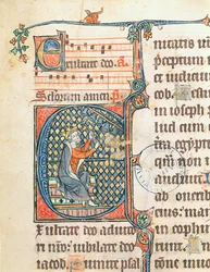 Historiierte Initiale, die König David zeigt, der ein Carillon spielt, Illustration aus einem Psalter