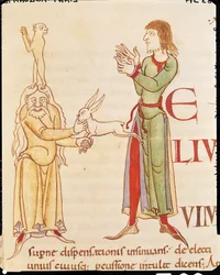 Initiale H in Form von zwei Zauberern, aus Moralia in Job von Papst Gregor dem Großen, Burgundische Schule