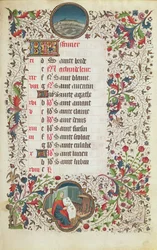 Februar: Fische und ein Mann beim Festmahl, aus einem Stundenbuch, frühes 15. Jahrhundert