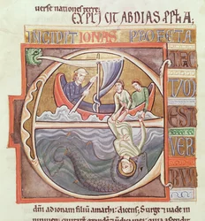 Historiierte Initiale E, die Jona zeigt, wie er ins Meer geworfen wird, aus der Souvigny-Bibel, spätes 12. Jahrhundert