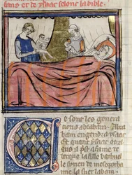 Ms 22 fol.30 Die Geburt der Zwillinge Jakob und Esau, Miniatur aus der Bible Historiale von Guiart des Moulins