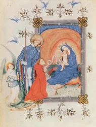 Ms 3024 fol.12v Jungfrau und Kind mit einem knienden Mann und St. Georg, aus einem Stundenbuch