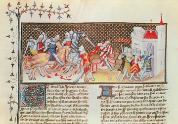 Ms 3479 t.1 fol.558 Szene von kämpfenden Rittern, aus dem Livre de Messire Lancelot du Lac