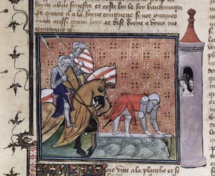 Ms 3480 fol.77 Lancelot überquert die Schwertbrücke, aus dem Livre de Messire Lancelot du Lac