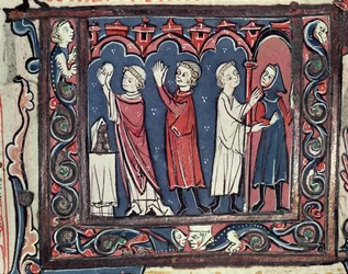 Ms 364 fol.111 Szene der Exkommunikation, aus Decretales von Jean Andre, 13.-14. Jahrhundert