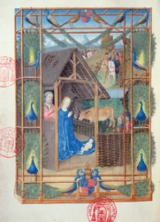 Ms 473 Die Geburt Christi mit Pfauen, Miniatur aus den Heures de Charles de France, ca. 1466-69