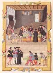 Ms 5169 f.2v Die Notare und die Sekretäre des Königs in der Halle des Kollegiums der Notare und Sekretäre des Königs
