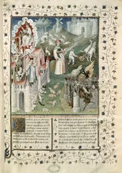 Ms 55 t.2 fol.3 Die Stadt Gottes, die Stadt Caen und die Stadt der Laster, aus La Cite de Dieu von St. Augustinus von Hippo (354-430) übersetzt von Raoul de Preles (1316-82)