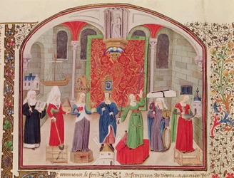 Ms 927 Fol.17v Theologische und Kardinaltugenden, aus Ethik, Politik und Ökonomie von Aristoteles (384-322 v. Chr.)