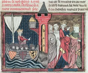 Baldwin I. überquert den Jordan und verzichtet auf seine Frau, aus Le Roman de Godefroi de Bouillon, 1337
