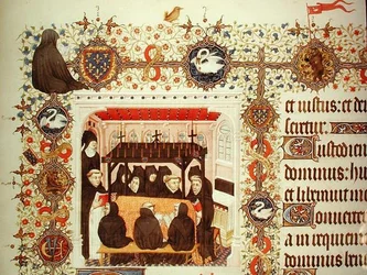 Trauer der Herzogin, mit Wappen und Tierdetails, aus den Grandes Heures de Duc de Berry