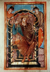 Ms Latin 266 fol.1v Lothair I (795-855) auf dem Thron, aus den Evangiles de Lothaire, ca. 840-851
