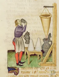 Ms. Tractatus de Herbis von Dioscorides, fol.142r Alkoholherstellung