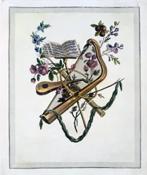 Musikinstrumente, aus einem Buch mit gravierten Platten von Oppenords Entwürfen, veröffentlicht 1745