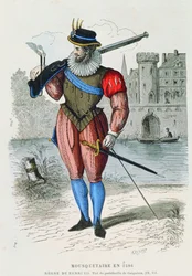 Musketier im Jahr 1586, Illustration aus Costumes de Paris à travers les siècles von H. Gourdon de Genouillac, graviert von A. Renard