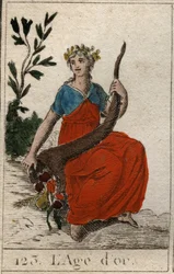Mythos der Zeitalter der Menschheit: Darstellung des Goldenen Zeitalters, als junge Jungfrau mit vollkommener Schönheit, gekrönt mit Blumen und hält ein Füllhorn. Aus „Mythologie der Jugend“