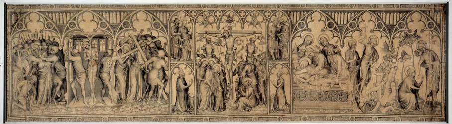 Narbonnes Belagerung. Anonyme Zeichnung der französischen Schule der 2. Hälfte des 14. Jahrhunderts. Grauwaschung und Samit. Louvre Museum