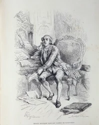 Necker in seinem Büro in Saint-Ouen, umgeben von Notizen „Reform der Gabellen“, „Steuern“, „Abschaffung der Zölle“ usw.