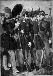 Neue Uniformen der französischen kaiserlichen Garde im Jahr 1860. Gravur in „Le Monde Illustré“ Nr. 165 vom 9. Juni 1860.