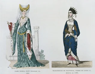 Adlige Frau unter der Herrschaft von Karl VI., Marguerite de Provence, Frau von Ludwig IX., gestorben 1285, aus Costumes civils et militaires des francais a travers les siecles