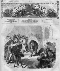 Romanserie: „Notre Dame de Paris“ von Victor Hugo (1802-1885). Die Menge erschreckt und lacht vor Quasimodo, dem Glöckner. Gravur in „Les bons romans“