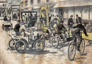 Erste Tests von Fahrrädern und verschiedenen Automobilen für den Posttransport am 5. Oktober 1899
