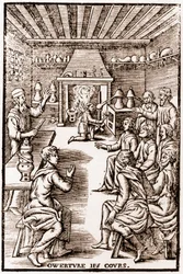 Eröffnung des Kurses der transmutatorischen Chemie - Gravur von 1653 in „LE VRAY ET METHOD COURSES DE PHYSICS RESOLUTIVE“ von Annibal Barlet